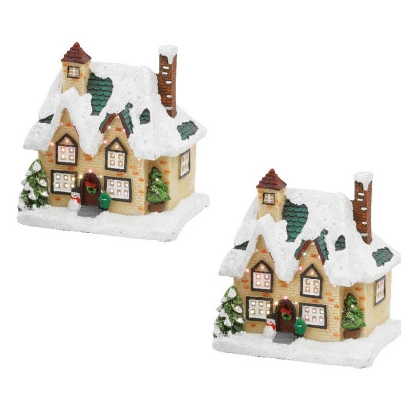 Foto van 2x stuks kerstdorp kersthuisjes huizen met verlichting 9 x 11 x 12,5 cm - kerstdorpen