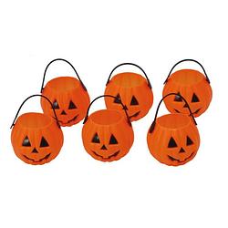 Foto van Halloween trick or treat mini pompoen emmertjes - 6x - 7 x 5 cm - feestdecoratievoorwerp