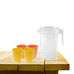 Foto van Set van 1x waterkan 1 liter met drinkbekers 2x geel en 2x oranje - schenkkannen
