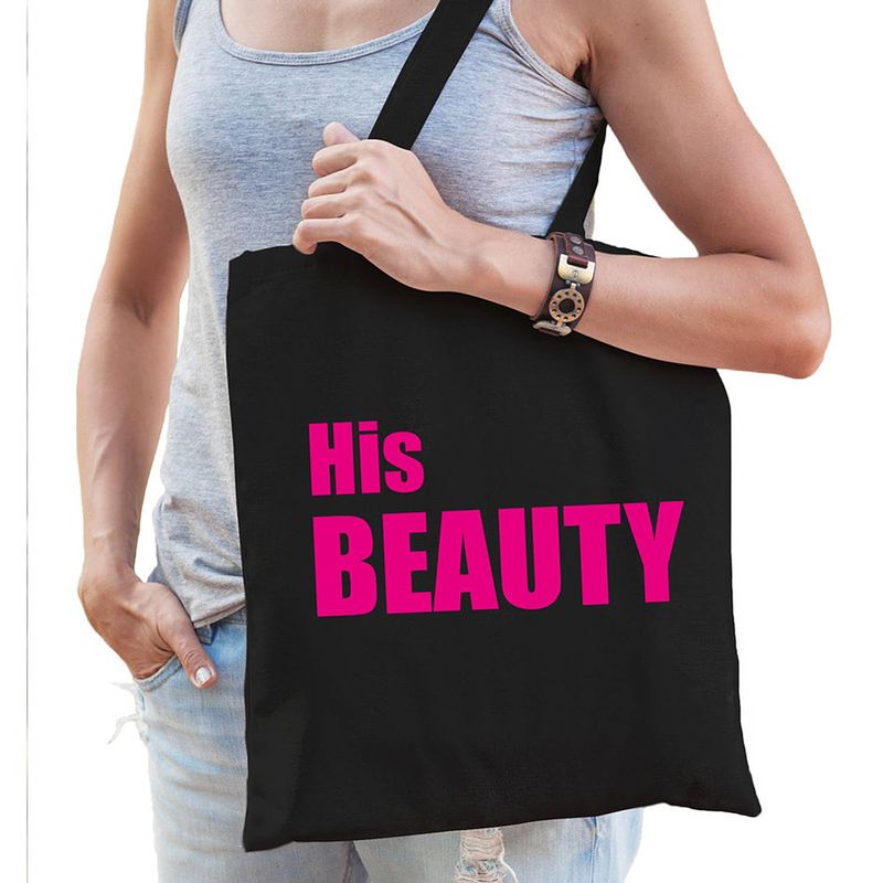 Foto van His beauty tas / shopper zwart katoen met roze tekst voor dames - feest boodschappentassen