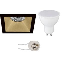 Foto van Led spot set - aigi - pragmi pollon pro - gu10 fitting - inbouw vierkant - mat zwart/goud - 6w - helder/koud wit 6400k -