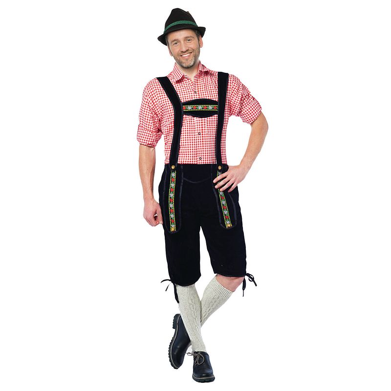 Foto van Oktoberfest zwarte lange tiroler lederhosen verkleed kostuum voor heren 48 (s) - carnavalsbroeken