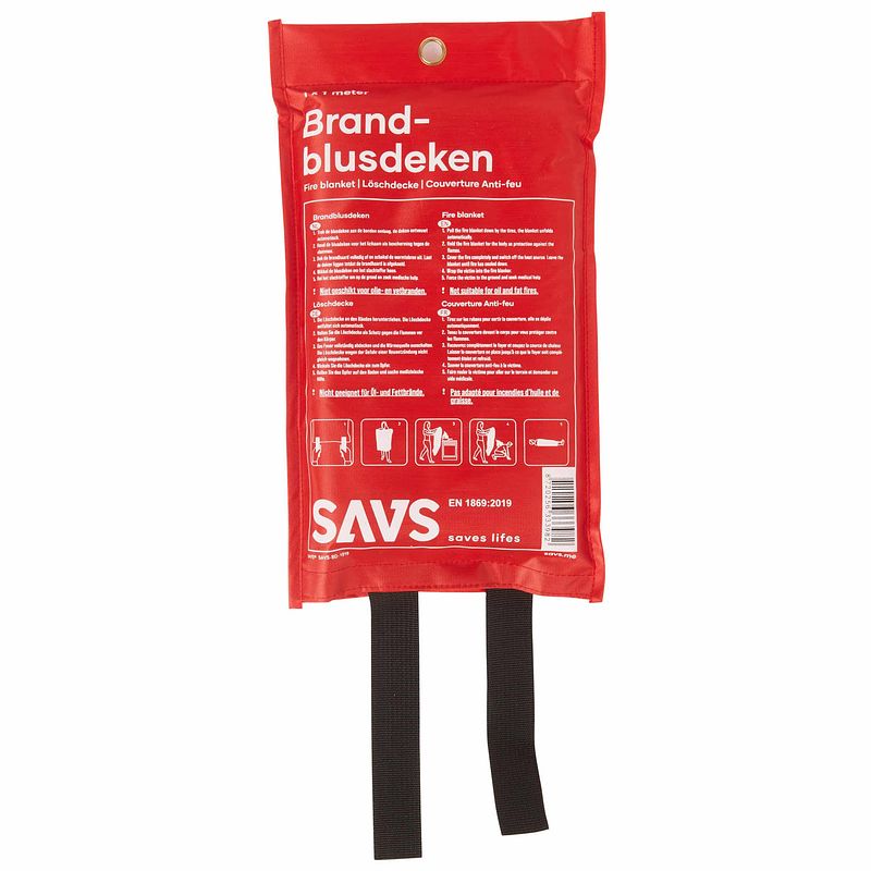 Foto van Savs® blusdeken 1 m x 1 m + ophanghaak - 100 x 100 cm - incl. ophanghaak