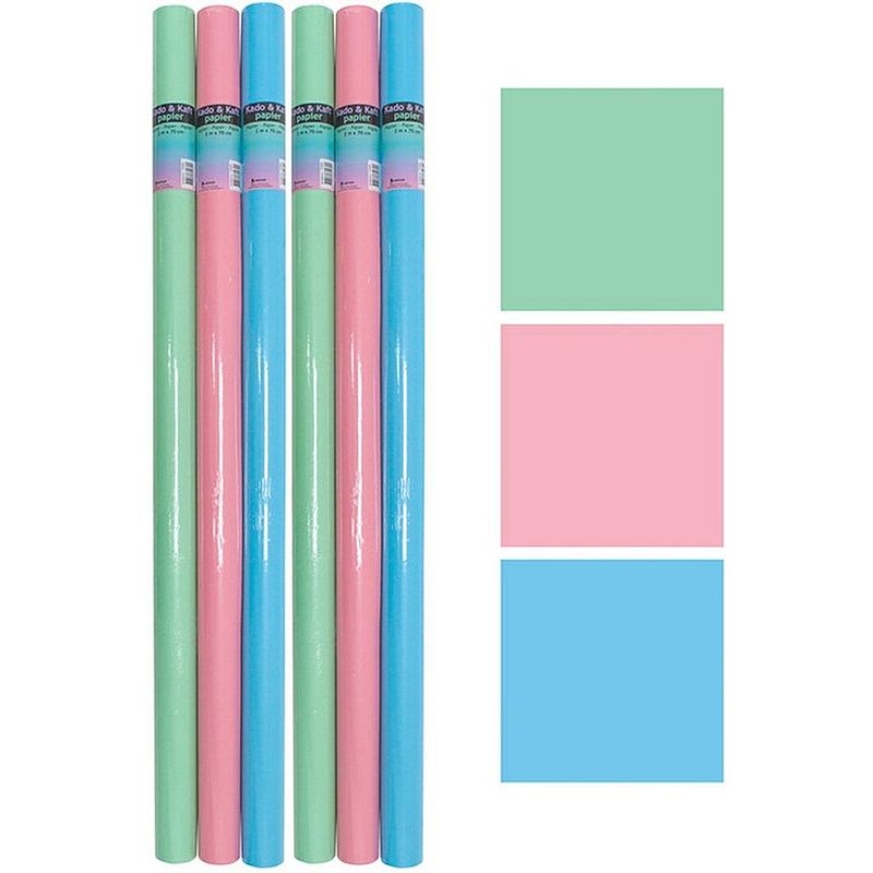 Foto van Inpakpapier cadeaupapier - 6 rollen - pastel blauw, groen, roze - 2 meter x 70 cm