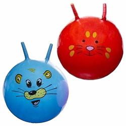 Foto van 2x stuks speelgoed skippyballen met dieren gezicht rood en blauw 46 cm - skippyballen
