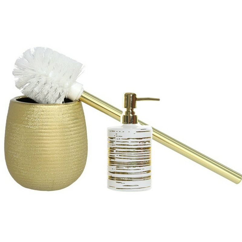 Foto van Toiletborstel met houder - zeeppompje 300 ml - polystone - wit/goud - badkameraccessoireset