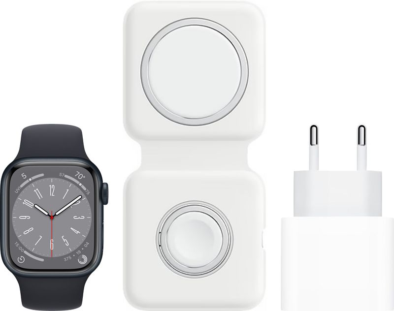 Foto van Apple watch series 8 41mm midnight aluminium midnight sportband +  magsafe oplaadpakket