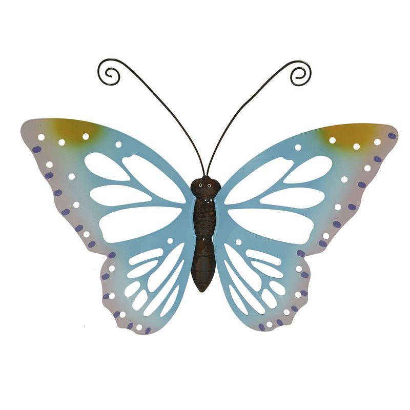 Foto van Grote lichtblauwe deco vlinder/muurvlinder metaal 51 x 38 cm tuindecoratie - tuinbeelden