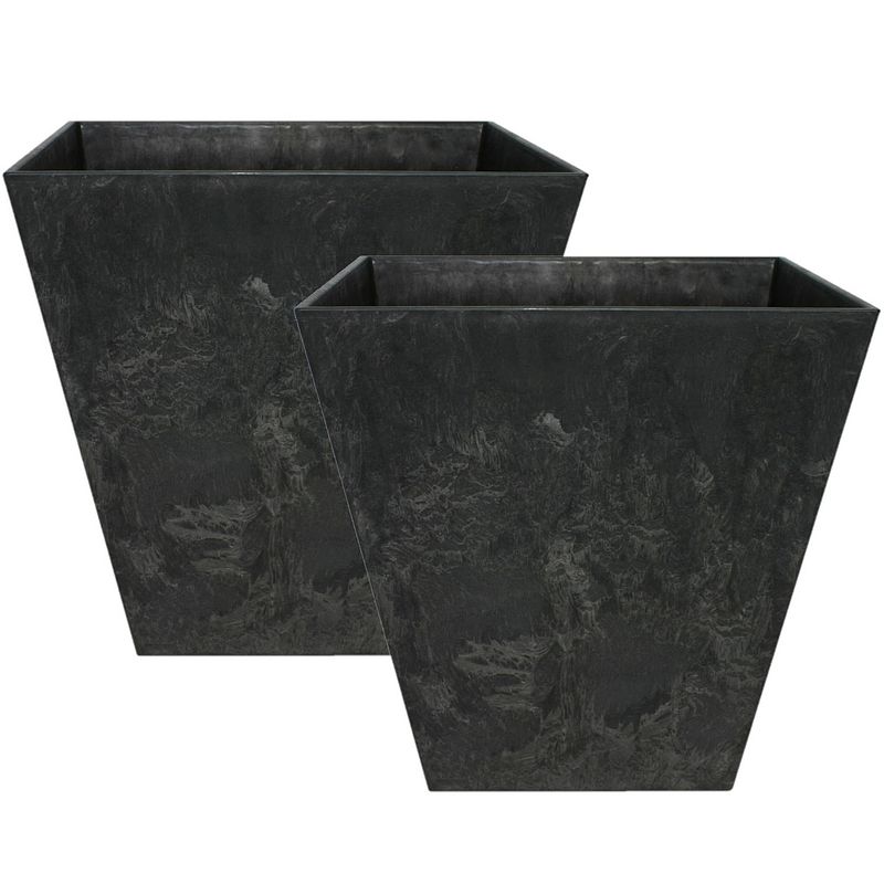 Foto van Set van 2x stuks bloempot/plantenpot vierkant van gerecycled kunststof zwart d35 en h35 cm - plantenbakken