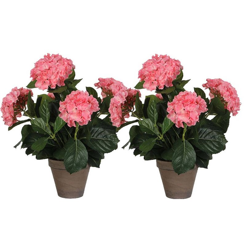 Foto van 2x roze hydrangea/hortensia kunstplant 45 cm in grijze pot - kunstplanten/nepplanten