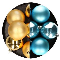 Foto van Decoris kerstballen - 12x st - 8 cm - goud en blauw - kunststof - kerstbal