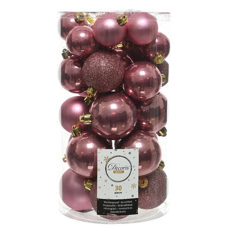 Foto van 30x kunststof kerstballen glanzend/mat/glitter oud roze kerstboom versiering/decoratie - kerstbal