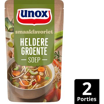 Foto van 2 zakken soep a 570 ml, pakken cupasoup a 3 stuks of single verpakkingen noodles of pasta | unox smaakfavoriet soep in zak heldere groente 570ml aanbieding bij jumbo