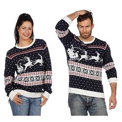 Foto van Donkerblauwe kerst sweater met rendieren voor volwassenen 48 (s) - kerst truien