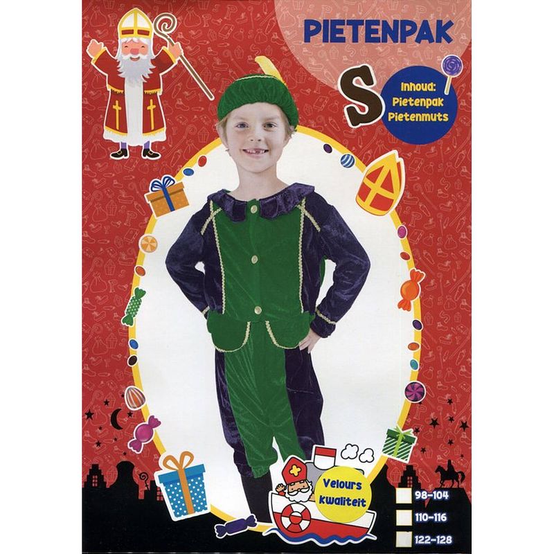 Foto van Pietenpak - velours - kind - 3 delig - maat 98-104 - groen/paars