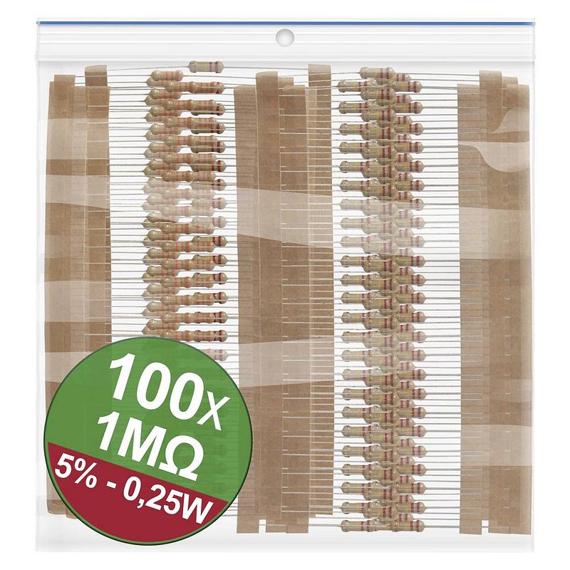 Foto van Quadrios 22p080 koolfilmweerstand assortiment 1 mω axiaal bedraad 0.25 w 5 % 1 set(s)