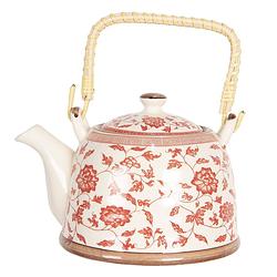 Foto van Haes deco - chinese theepot - porselein - rode bloemen - theepot 800 ml - traditioneel theeservies, theekan