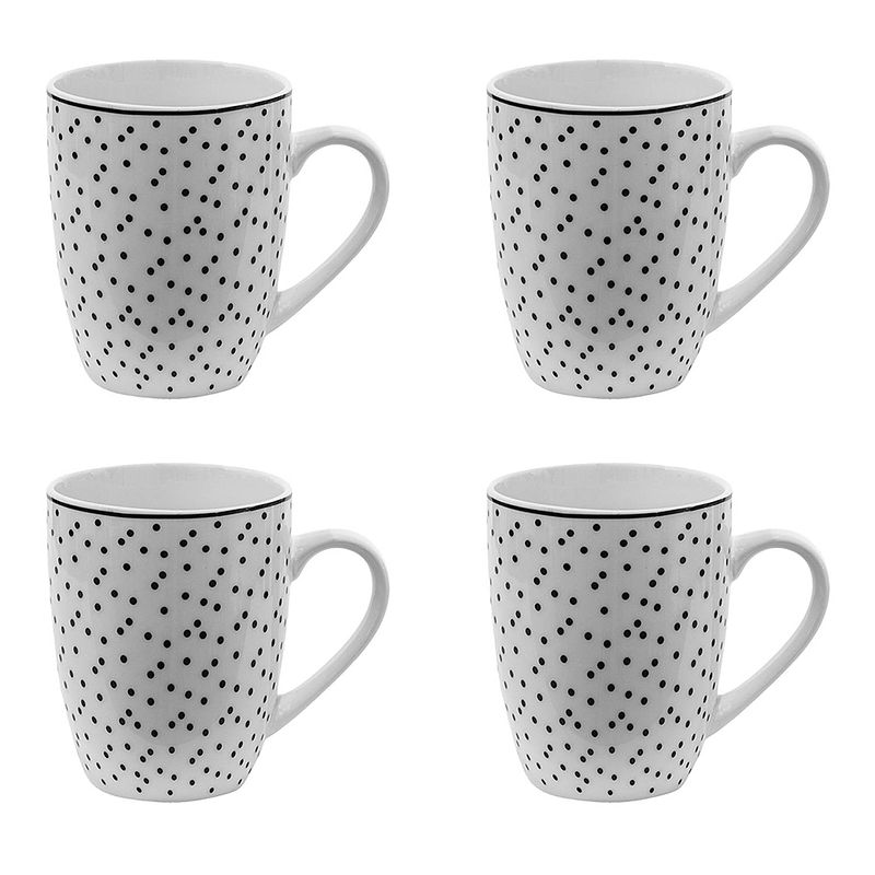 Foto van Haes deco - mokken set van 4 - 12x8x10 cm / 350 ml - met zwarte stippen - small dots