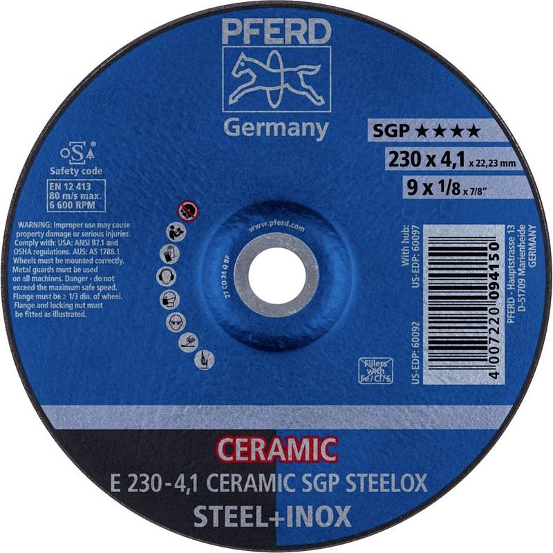 Foto van Pferd 62100230 e 230-4,1 ceramic sgp steelox afbraamschijf gebogen 230 mm 22.23 mm 10 stuk(s)