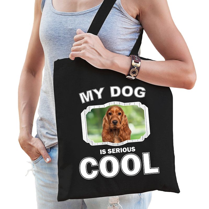 Foto van Katoenen tasje my dog is serious cool zwart - spaniel honden cadeau tas - feest boodschappentassen