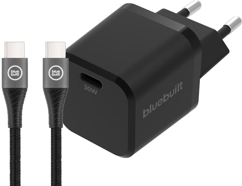 Foto van Bluebuilt power delivery oplader 30w + usb c kabel 3m nylon zwart