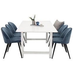 Foto van Countwh eethoek eetkamertafel wit en 6 velvet eetkamerstal velours blauw, zwart.