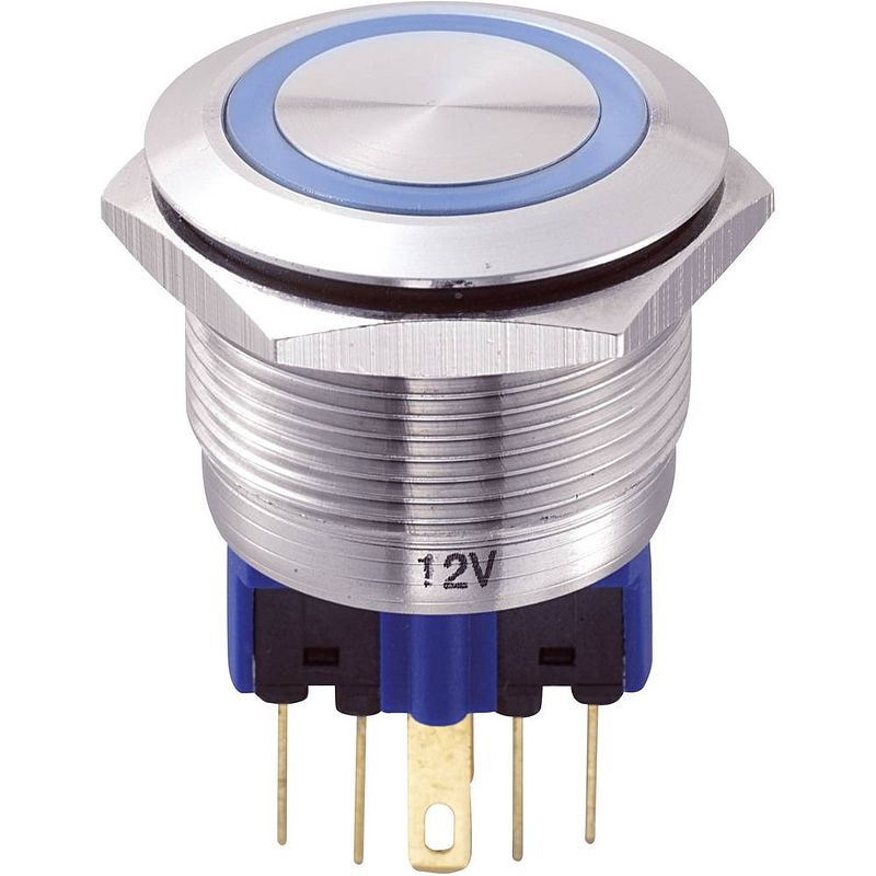 Foto van Tru components gq22-11e/b/12v vandalismebestendige druktoets 250 v/ac 5 a 1x aan/(aan) moment blauw ip65 1 stuk(s)