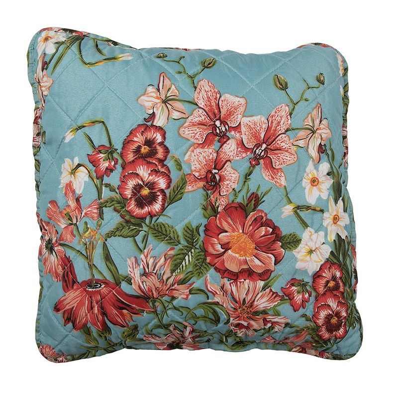 Foto van Clayre & eef kussenhoes 40x40 cm blauw roze katoen polyester bloemen sierkussenhoes blauw sierkussenhoes