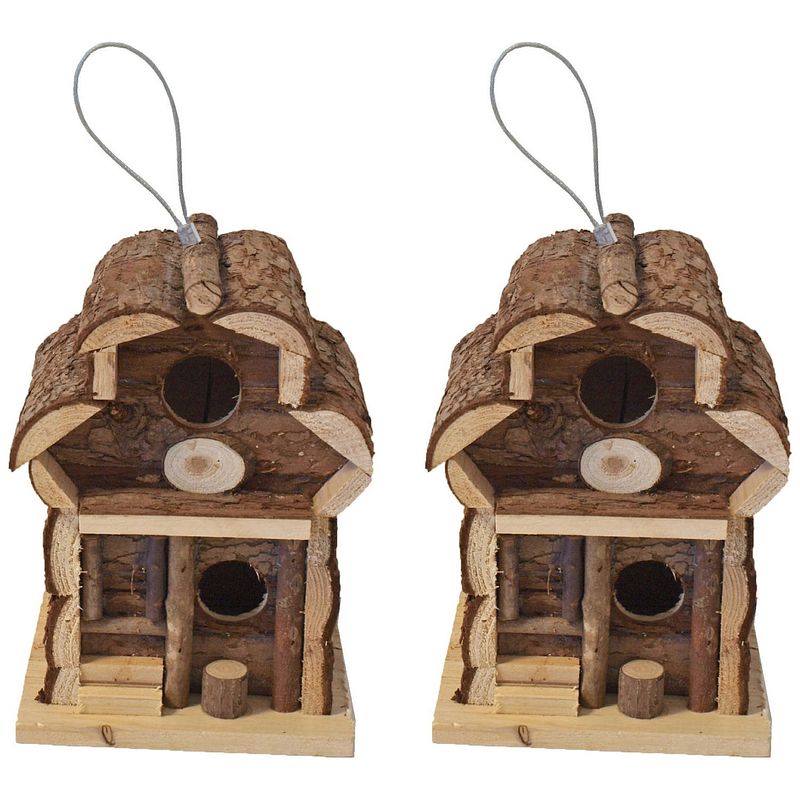 Foto van 2x broedkast vogelhuisjes rond dak naturel 15 x 15 x 21,5 cm - vogelhuisjes