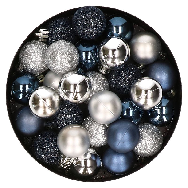 Foto van 28x stuks kunststof kerstballen zilver en donkerblauw mix 3 cm - kerstbal