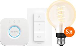 Foto van Philips hue filament white ambiance globe 5-pack startpakket