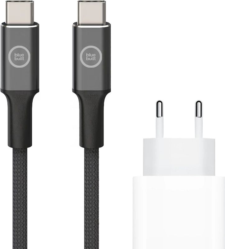 Foto van Apple power delivery oplader 20w + bluebuilt usb c kabel 1,5m nylon wit