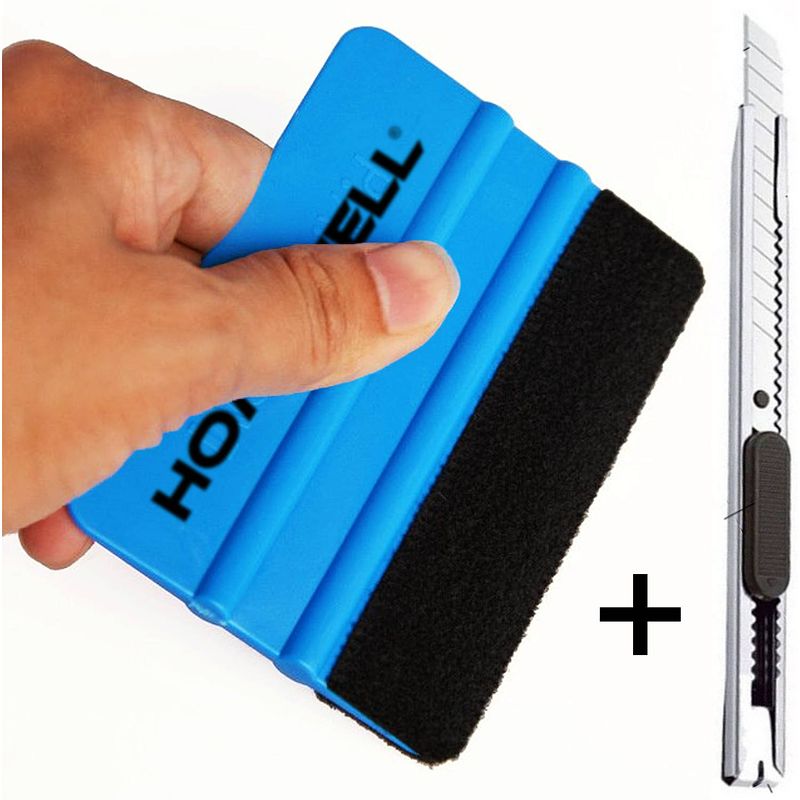 Foto van Rakel met vilt en folie mes - rubberen squeegee (toolset voor raamfolie, carwrap, plakfolie, keuken wrappen) 10x7,5cm