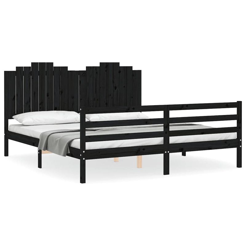 Foto van The living store massief grenenhouten bedframe - zwart - 205.5 x 185.5 x 110 cm - multiplex lattenbodem