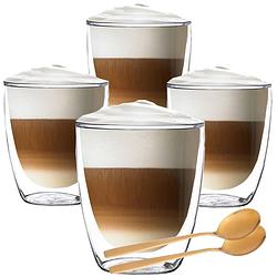 Foto van Luxe dubbelwandige theeglazen - cappuccino glazen - koffieglas dubbelwandig - met lepel - 300 ml - set van 4