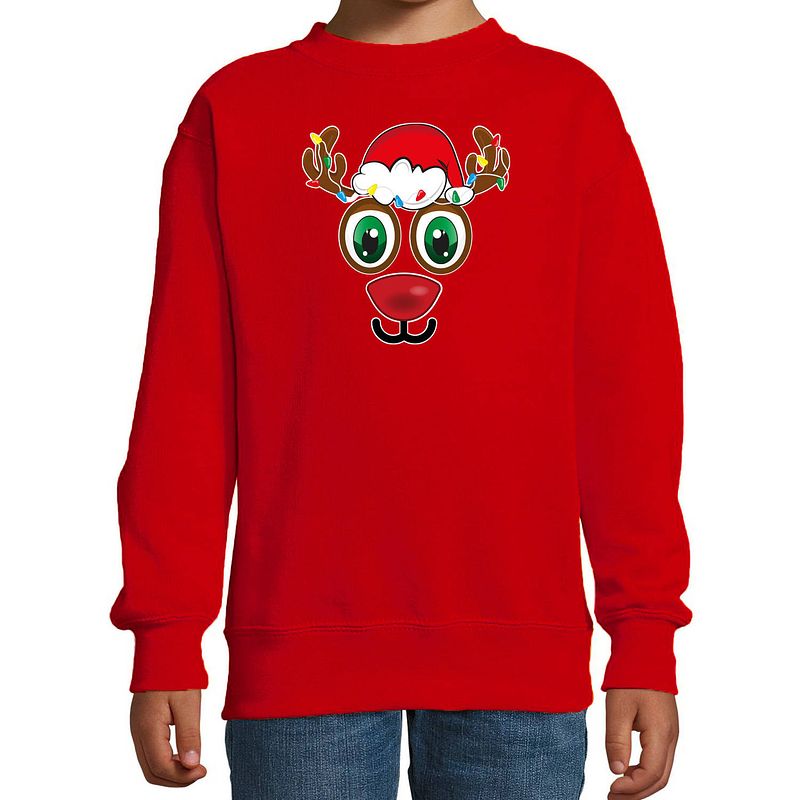 Foto van Bellatio decorations kersttrui/sweater voor kinderen - rudolf gezicht - rendier - rood 3-4 jaar (98/104) - kerst truien