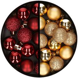 Foto van 34x stuks kunststof kerstballen donkerrood en goud 3 cm - kerstbal