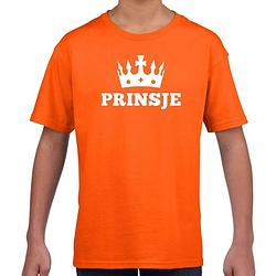 Foto van Oranje prinsje met kroon t-shirt jongens - oranje koningsdag kleding xs (110-116)