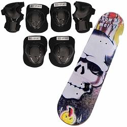 Foto van Set van skateboard 81 cm met doodskop print en valbescherming maat s - 4 tot 5 jaar - lichaamsbeschermers