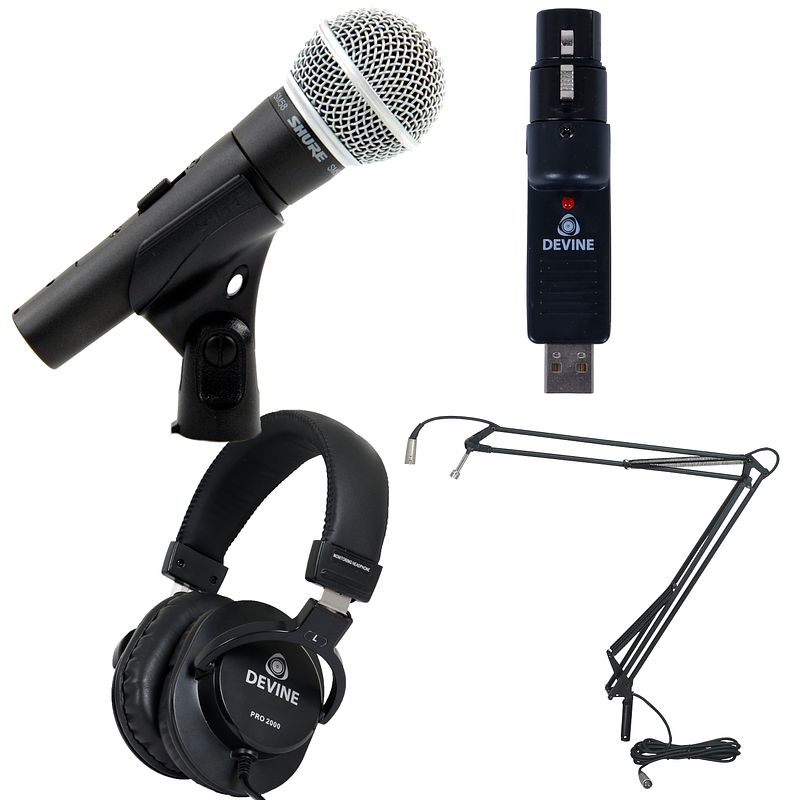 Foto van Shure sm58 se met usb converter, koptelefoon en broadcast arm