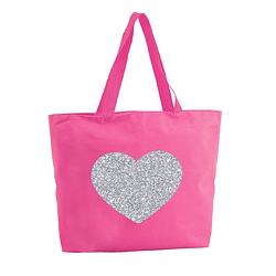 Foto van Zilveren hart glitter shopper tas - fuchsia roze - 47 x 34 x 12,5 cm - boodschappentas / strandtas