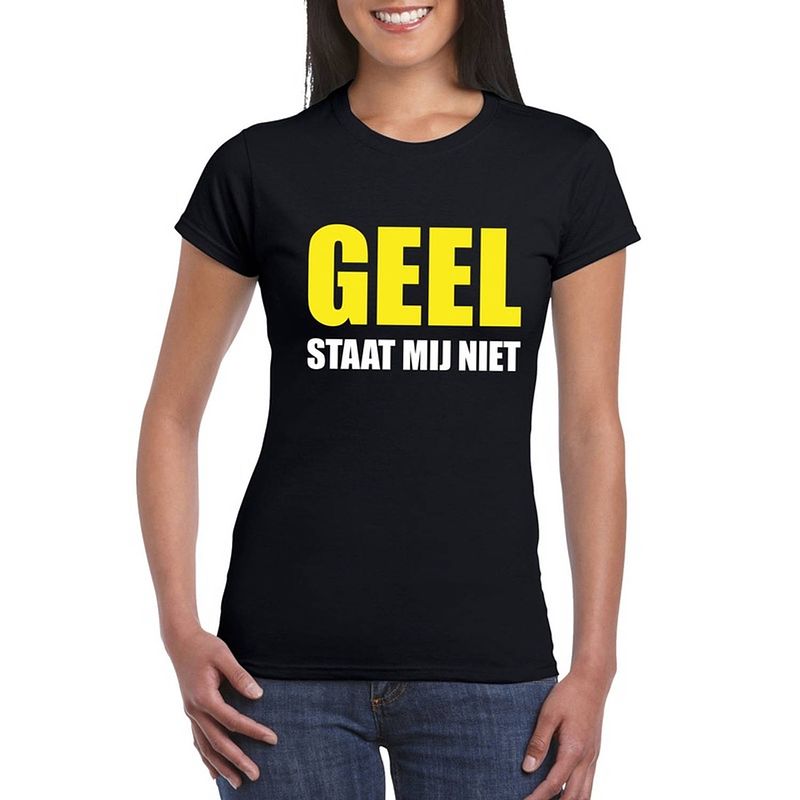 Foto van Geel staat mij niet t-shirt zwart dames xs - feestshirts