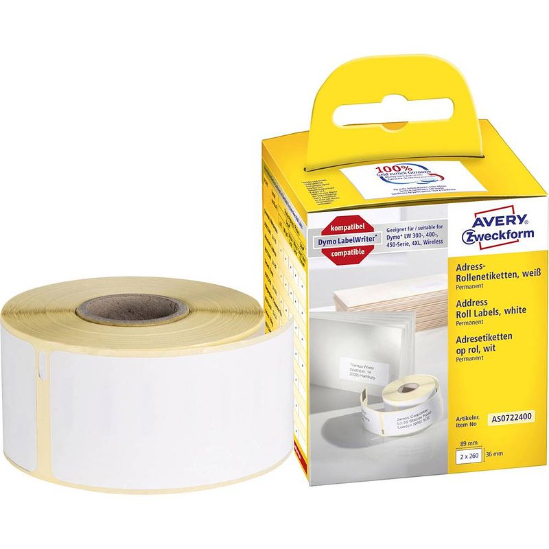 Foto van Avery-zweckform rol met etiketten 89 x 36 mm papier wit 520 stuk(s) permanent as0722400 adresetiketten