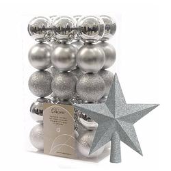 Foto van 30x stuks kunststof kerstballen 6 cm inclusief ster piek zilver - kerstbal