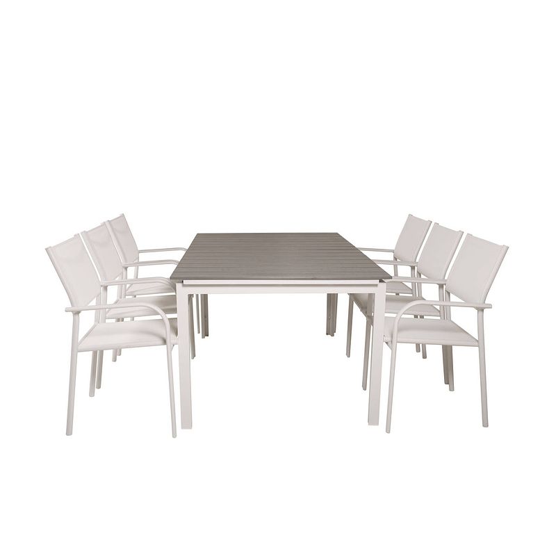 Foto van Levels tuinmeubelset tafel 100x160/240cm en 6 stoel santorini wit, grijs.