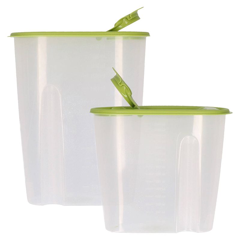 Foto van Voedselcontainer strooibus - groen - 1,5 en 2,2 liter - kunststof - voorraadpot
