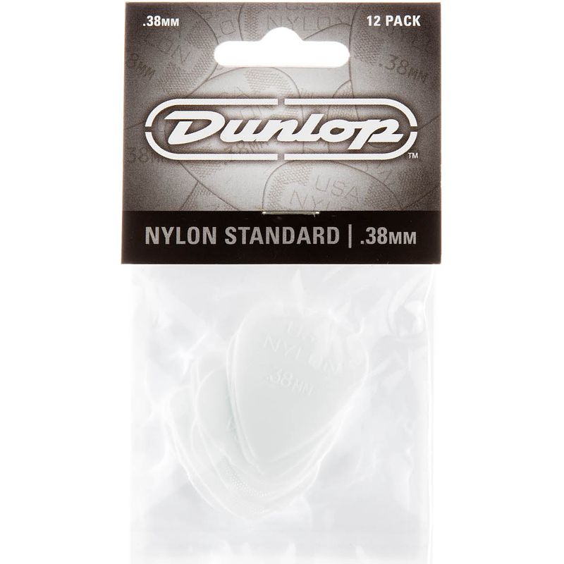 Foto van Dunlop nylon standard 0.38mm 12-pack plectrumset wit