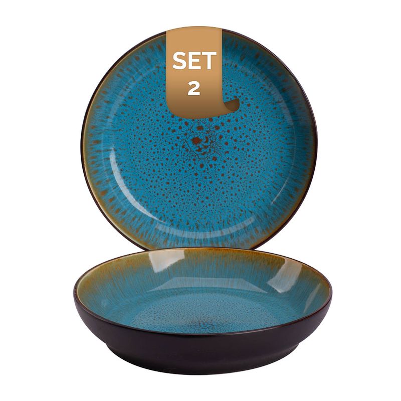 Foto van Palmer bord diep lotus 21 cm zwart turquoise stoneware 2 stuk(s)