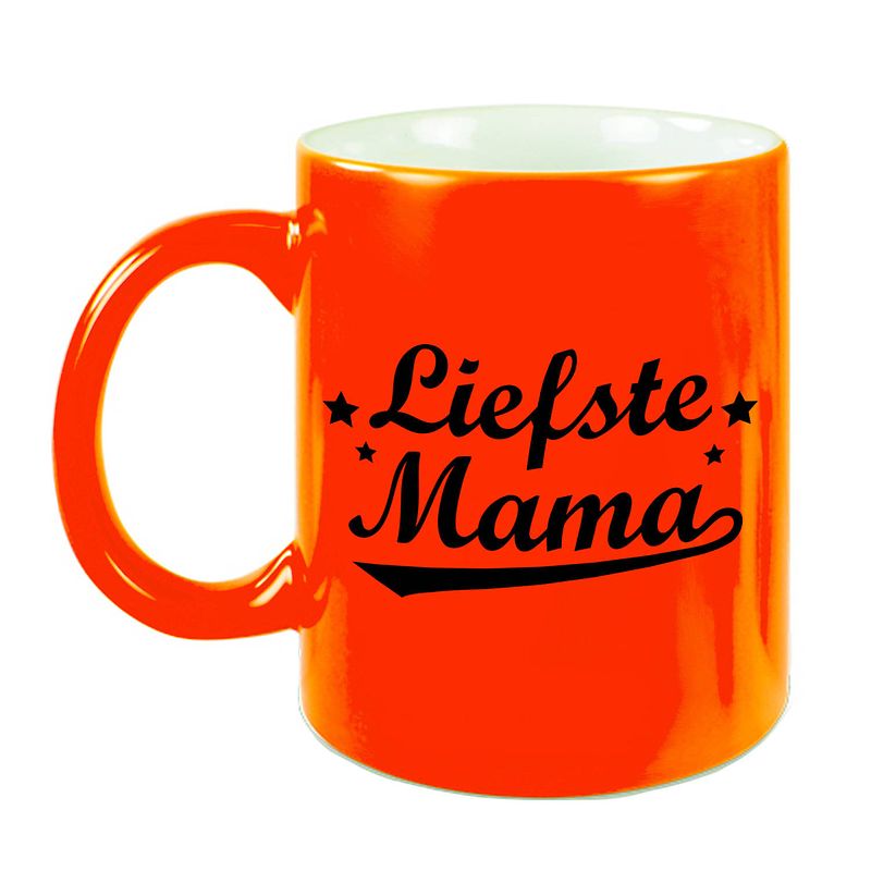 Foto van Liefste mama mok / beker neon oranje voor moederdag/ verjaardag 330 ml - feest mokken