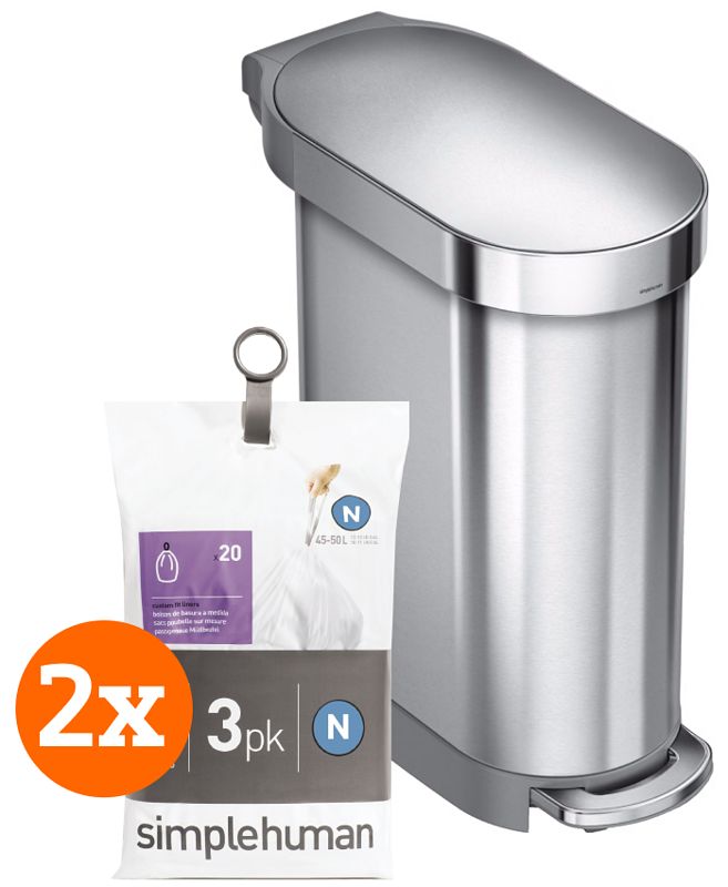 Foto van Simplehuman slim 45 liter rvs + vuilniszakken (120 stuks)